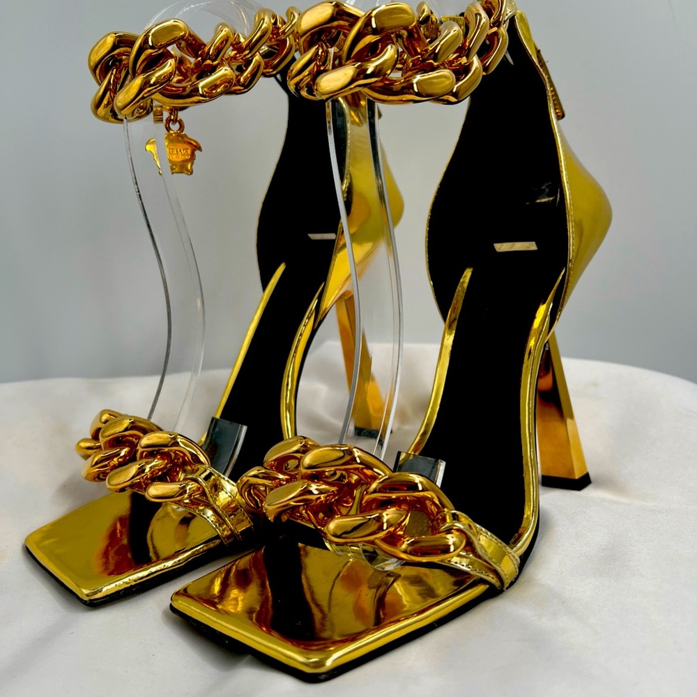 Versace Women's Gold Patent Leather Medusa Chain Ankle Strap Sandals EU Size 39
